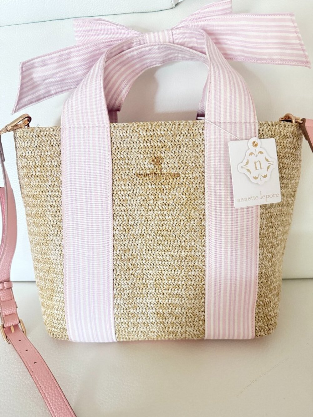 NWT NANETTE LEPORE BESSY TOTE CROSSBODY BAG NATURAL PINK GINGHAM W BOW - Picture 2 of 6